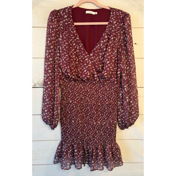Lush Dresses & Skirts - Lush Womens Berry Floral Smocked Mini Dress Long Sleeve V-Neck LD44335-FCI L
